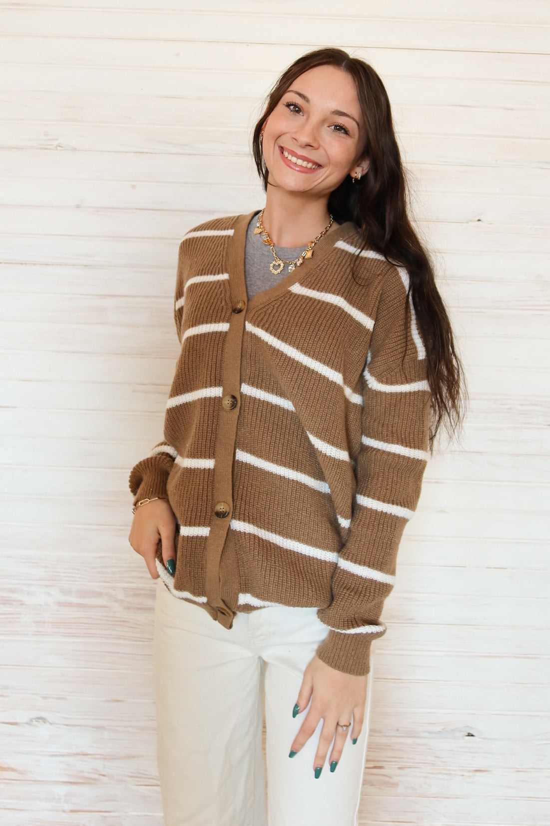 Sara Striped Knit Cardigan - Coffee and White