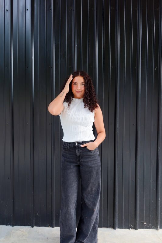 Whitney White Textured Round Neck Tank
